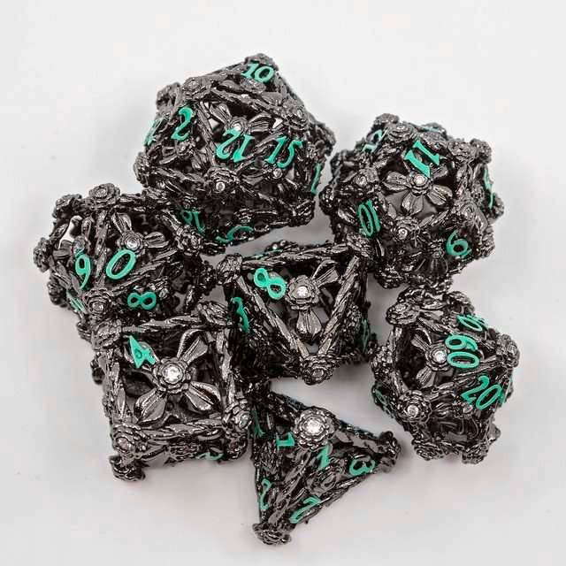 Sage's Tarnished Rose Hollow Metal Polyhedral Dice Set - Sage's PortalHollow Metal Dice Set