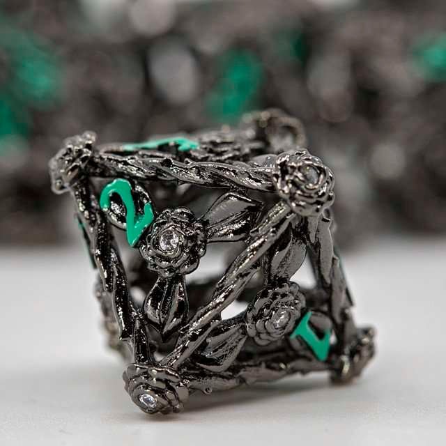 Sage's Tarnished Rose Hollow Metal Polyhedral Dice Set - Sage's PortalHollow Metal Dice Set