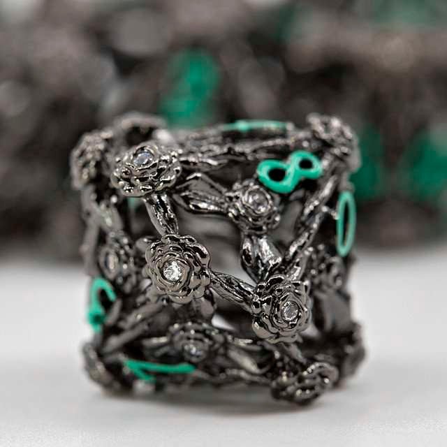 Sage's Tarnished Rose Hollow Metal Polyhedral Dice Set - Sage's PortalHollow Metal Dice Set