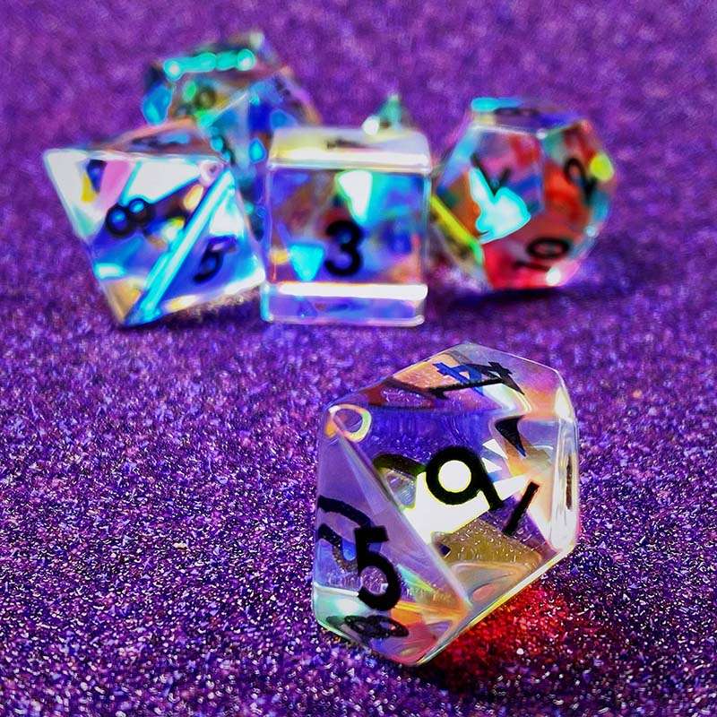 Sage's Treasures - Captured Rainbow Black Ink Dichroic Rainbow Glass Polyhedral Dice Set - Sage's PortalGemstone Dice Set