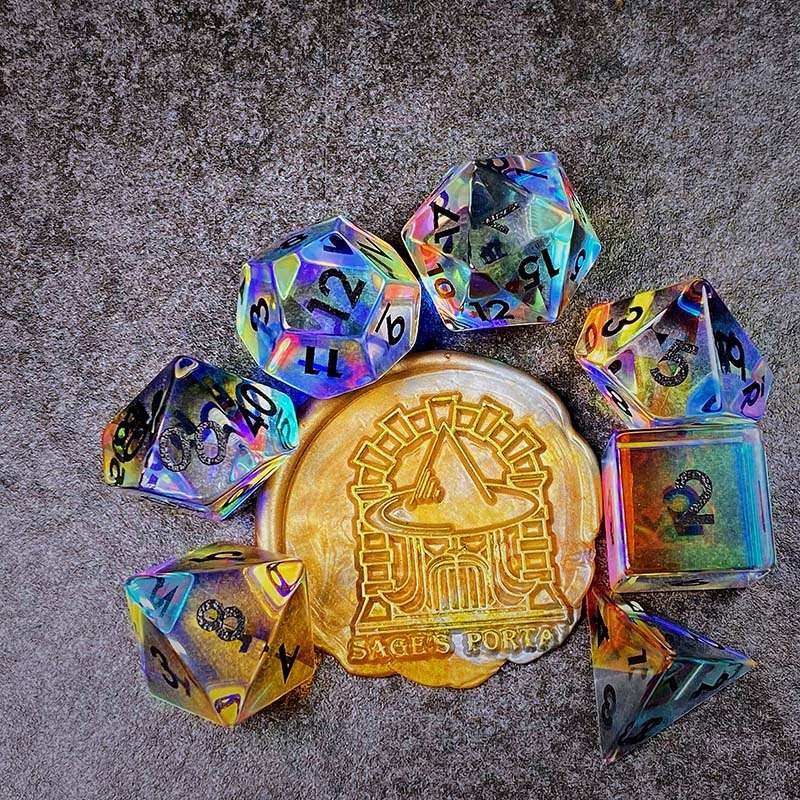 Sage's Treasures - Captured Rainbow Black Ink Dichroic Rainbow Glass Polyhedral Dice Set - Sage's PortalGemstone Dice Set