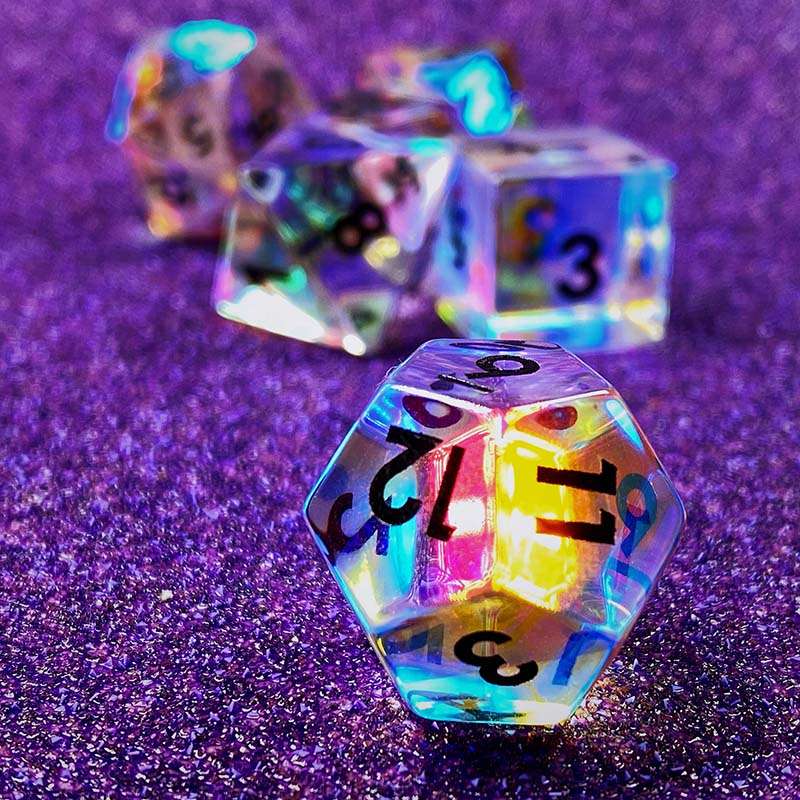 Sage's Treasures - Captured Rainbow Black Ink Dichroic Rainbow Glass Polyhedral Dice Set - Sage's PortalGemstone Dice Set
