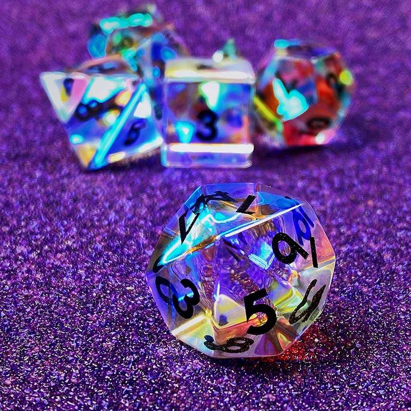 Sage's Treasures - Captured Rainbow Black Ink Dichroic Rainbow Glass Polyhedral Dice Set - Sage's PortalGemstone Dice Set