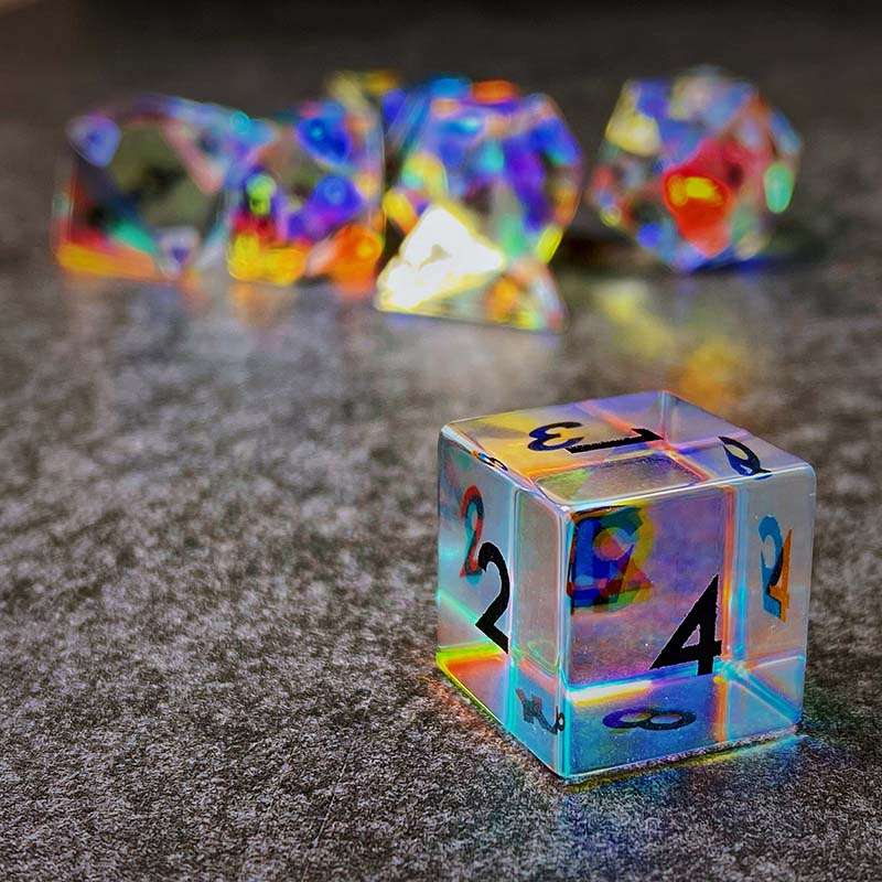 Sage's Treasures - Captured Rainbow Black Ink Dichroic Rainbow Glass Polyhedral Dice Set - Sage's PortalGemstone Dice Set