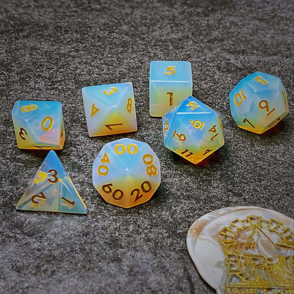 Sage's Treasures - Captured Sunset Opal Gemstone Polyhedral Dice Set - Sage's PortalGemstone Dice Set