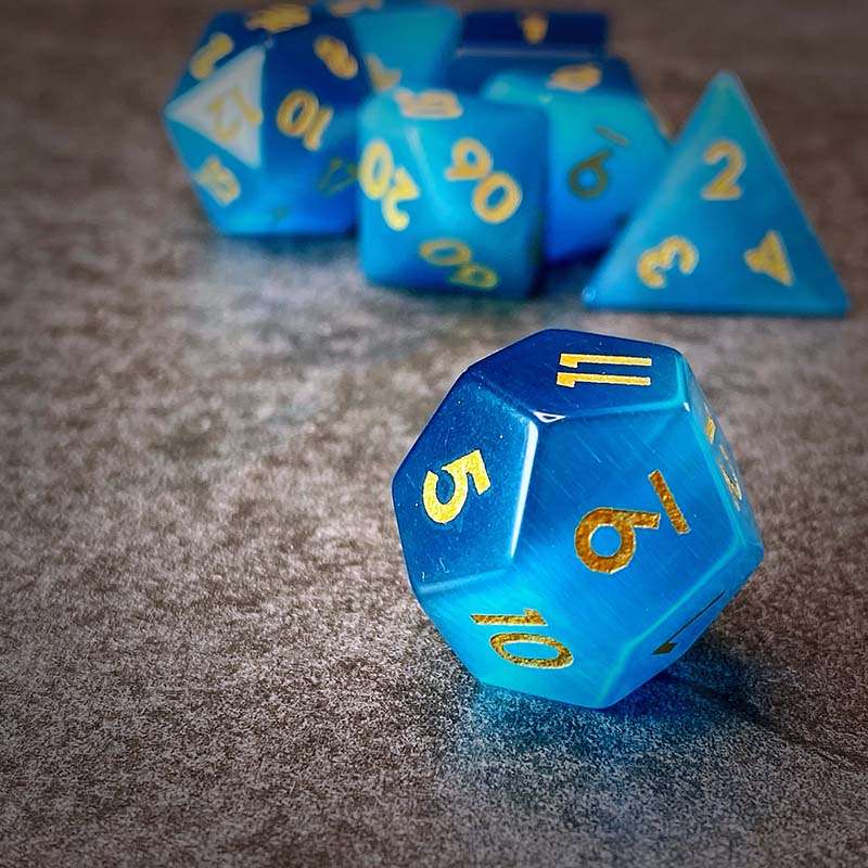 Sage's Treasures - Gemstone Blue Cat's Eye Polyhedral Dice Set - Sage's PortalGemstone Dice Set