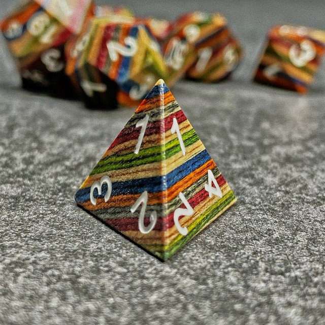 Sage’s Trees - Blue/Yellow/Orange Technical Wood White Ink Polyhedral Dice Set - Sage's PortalWood Dice Set