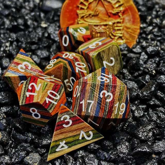 Sage’s Trees - Blue/Yellow/Orange Technical Wood White Ink Polyhedral Dice Set - Sage's PortalWood Dice Set
