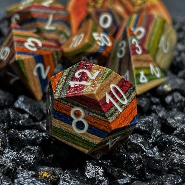 Sage’s Trees - Blue/Yellow/Orange Technical Wood White Ink Polyhedral Dice Set - Sage's PortalWood Dice Set