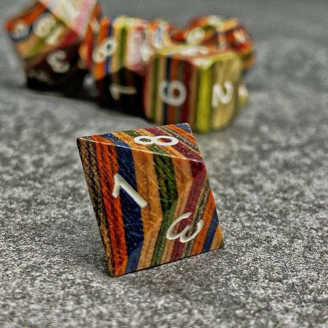 Sage’s Trees - Blue/Yellow/Orange Technical Wood White Ink Polyhedral Dice Set - Sage's PortalWood Dice Set