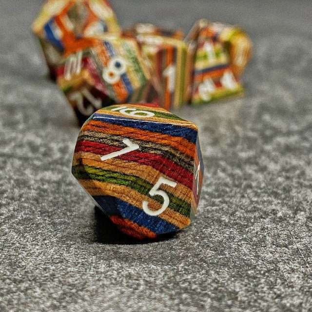 Sage’s Trees - Blue/Yellow/Orange Technical Wood White Ink Polyhedral Dice Set - Sage's PortalWood Dice Set