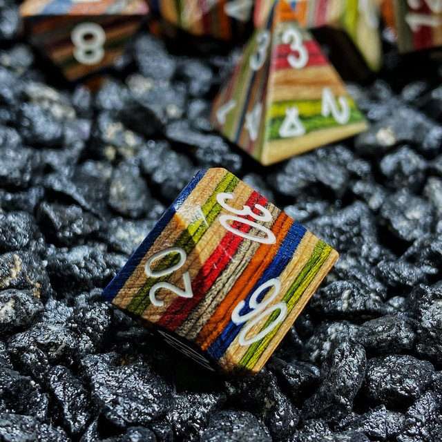 Sage’s Trees - Blue/Yellow/Orange Technical Wood White Ink Polyhedral Dice Set - Sage's PortalWood Dice Set