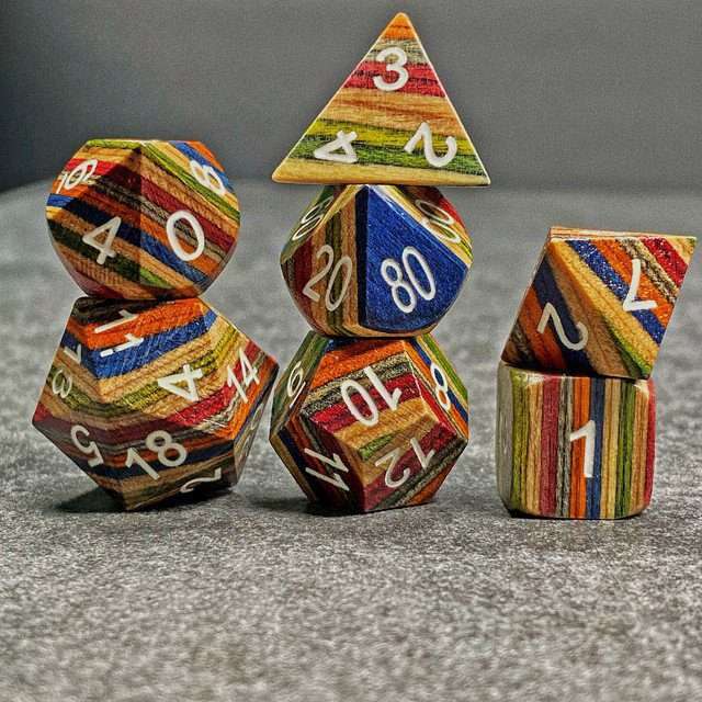 Sage’s Trees - Blue/Yellow/Orange Technical Wood White Ink Polyhedral Dice Set - Sage's PortalWood Dice Set