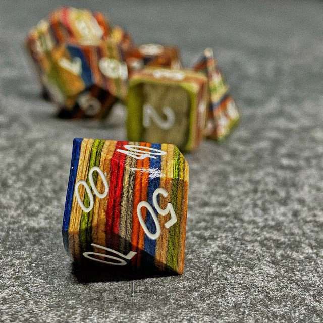 Sage’s Trees - Blue/Yellow/Orange Technical Wood White Ink Polyhedral Dice Set - Sage's PortalWood Dice Set