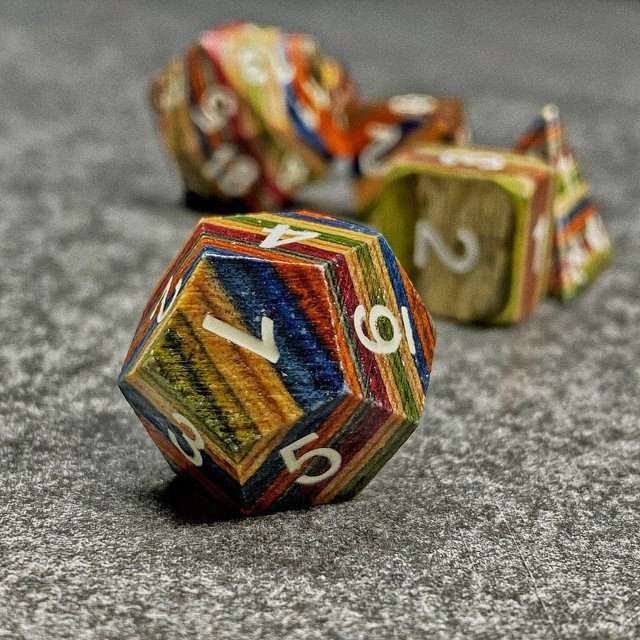 Sage’s Trees - Blue/Yellow/Orange Technical Wood White Ink Polyhedral Dice Set - Sage's PortalWood Dice Set