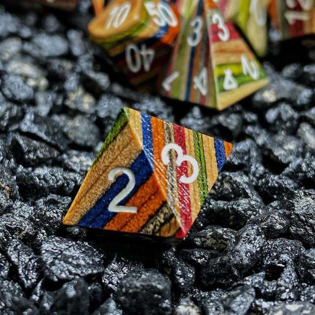 Sage’s Trees - Blue/Yellow/Orange Technical Wood White Ink Polyhedral Dice Set - Sage's PortalWood Dice Set