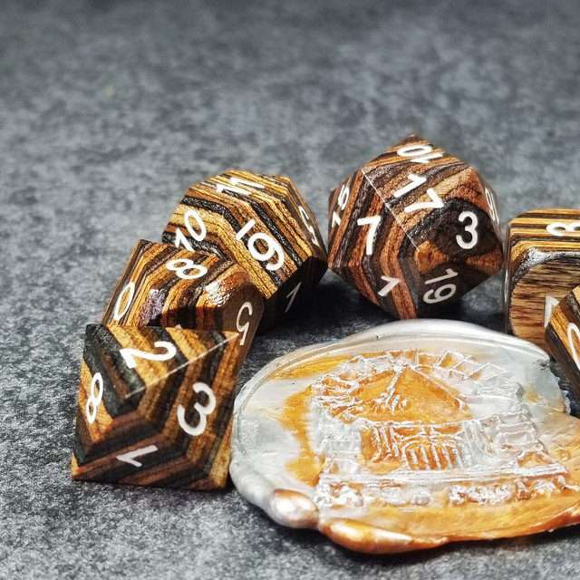 Sage’s Trees - Brown/Chestnut/Black Technical Wood White Ink Polyhedral Dice Set - Sage's PortalWood Dice Set
