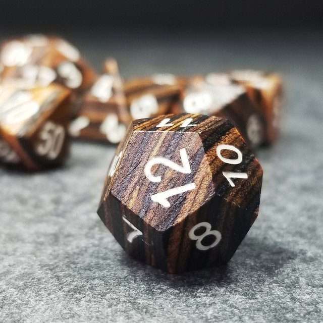 Sage’s Trees - Brown/Chestnut/Black Technical Wood White Ink Polyhedral Dice Set - Sage's PortalWood Dice Set