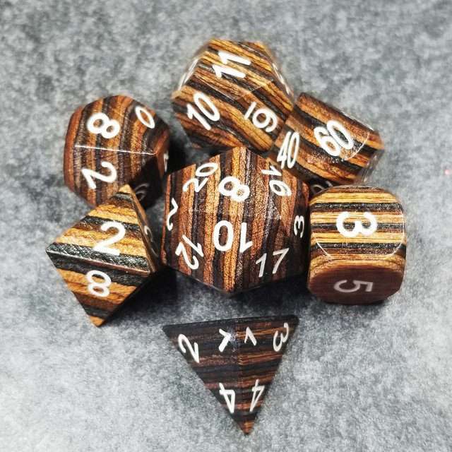 Sage’s Trees - Brown/Chestnut/Black Technical Wood White Ink Polyhedral Dice Set - Sage's PortalWood Dice Set