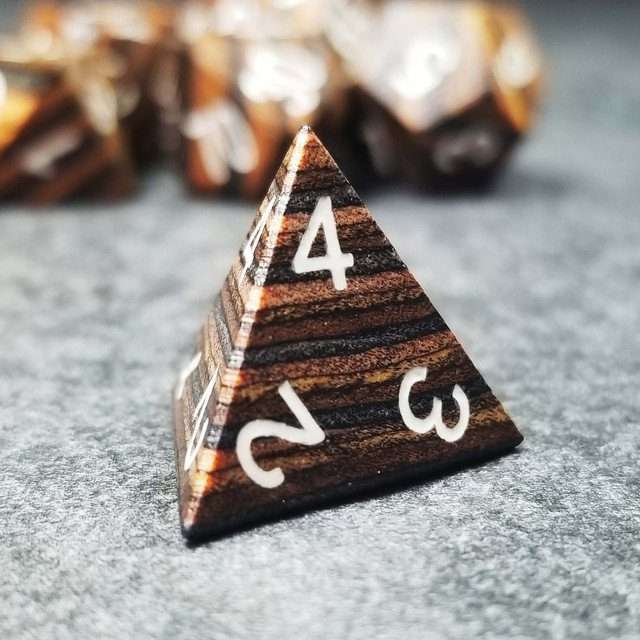 Sage’s Trees - Brown/Chestnut/Black Technical Wood White Ink Polyhedral Dice Set - Sage's PortalWood Dice Set