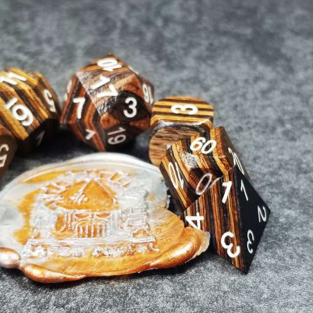 Sage’s Trees - Brown/Chestnut/Black Technical Wood White Ink Polyhedral Dice Set - Sage's PortalWood Dice Set