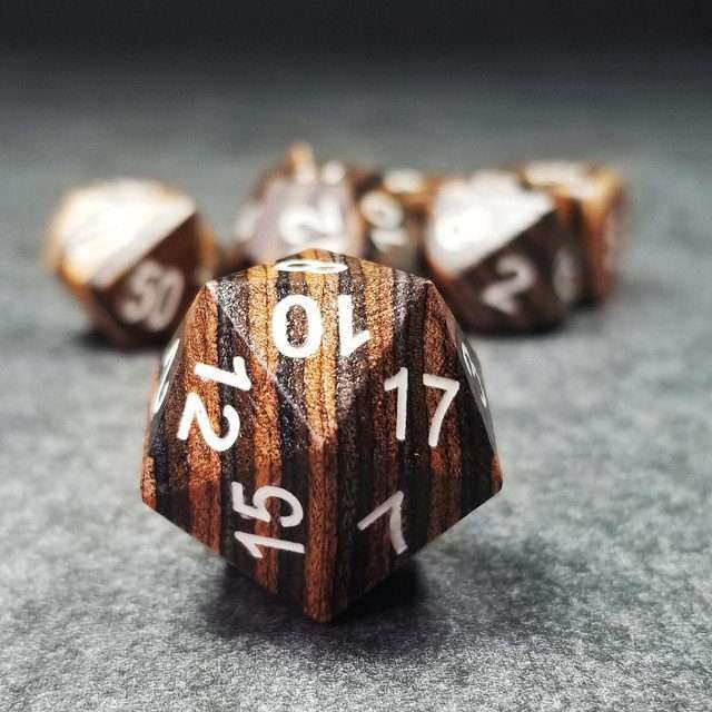 Sage’s Trees - Brown/Chestnut/Black Technical Wood White Ink Polyhedral Dice Set - Sage's PortalWood Dice Set