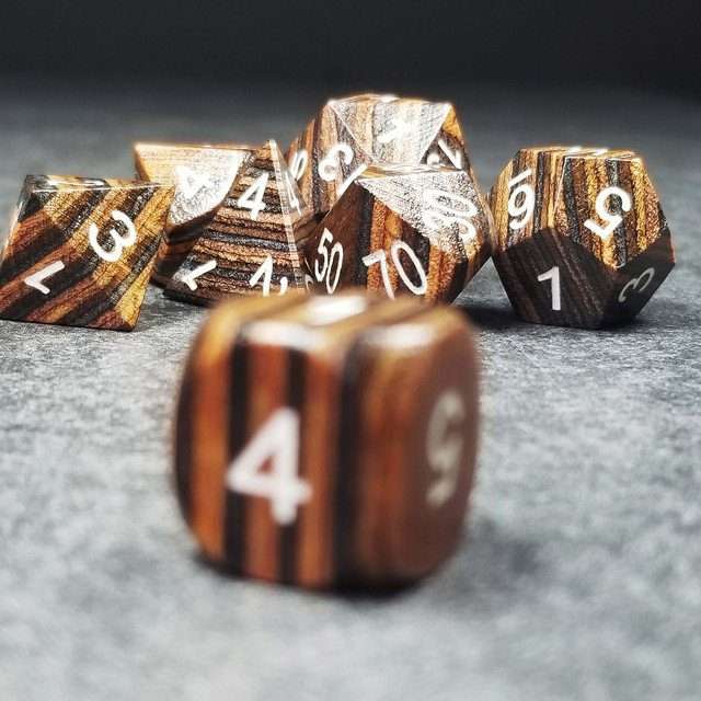 Sage’s Trees - Brown/Chestnut/Black Technical Wood White Ink Polyhedral Dice Set - Sage's PortalWood Dice Set