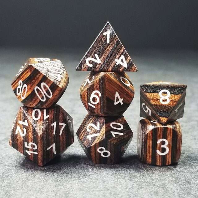 Sage’s Trees - Brown/Chestnut/Black Technical Wood White Ink Polyhedral Dice Set - Sage's PortalWood Dice Set