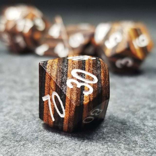 Sage’s Trees - Brown/Chestnut/Black Technical Wood White Ink Polyhedral Dice Set - Sage's PortalWood Dice Set