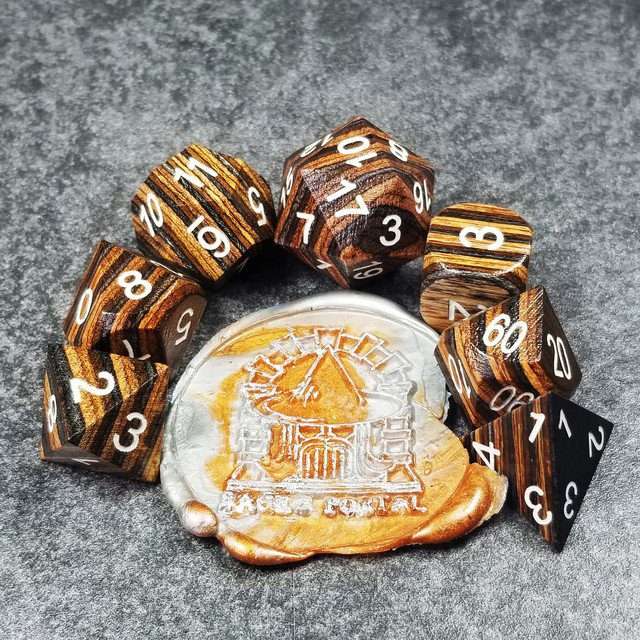 Sage’s Trees - Brown/Chestnut/Black Technical Wood White Ink Polyhedral Dice Set - Sage's PortalWood Dice Set