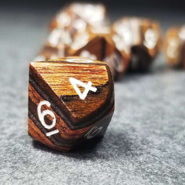 Sage’s Trees - Brown/Chestnut/Black Technical Wood White Ink Polyhedral Dice Set - Sage's PortalWood Dice Set