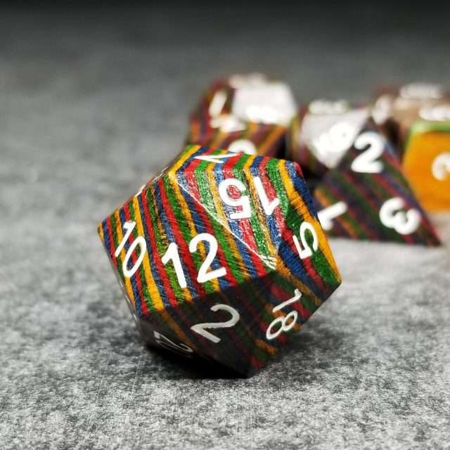Sage's Trees - Dark Rainbow Colored Technical Wood Polyhedral Dice Set - Sage's PortalWood Dice Set