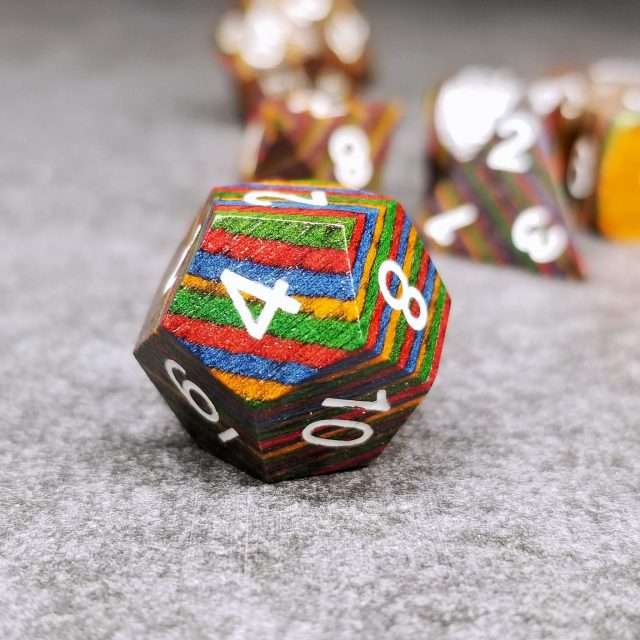 Sage's Trees - Dark Rainbow Colored Technical Wood Polyhedral Dice Set - Sage's PortalWood Dice Set