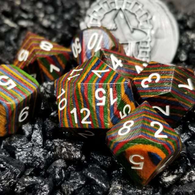 Sage's Trees - Dark Rainbow Colored Technical Wood Polyhedral Dice Set - Sage's PortalWood Dice Set