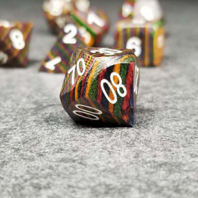 Sage's Trees - Dark Rainbow Colored Technical Wood Polyhedral Dice Set - Sage's PortalWood Dice Set