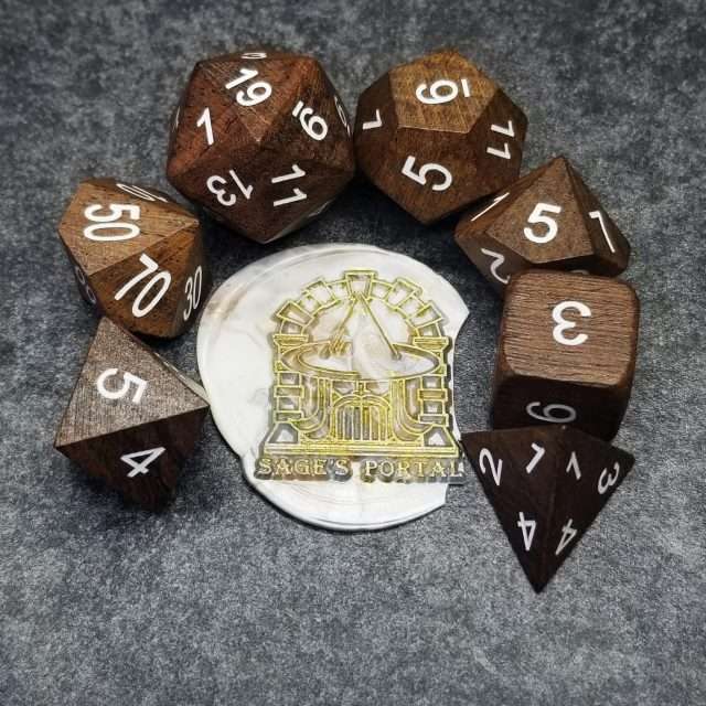 Sage’s Trees - Ebony Wood White Ink Oversized Polyhedral Dice Set - Sage's PortalWood Dice Set