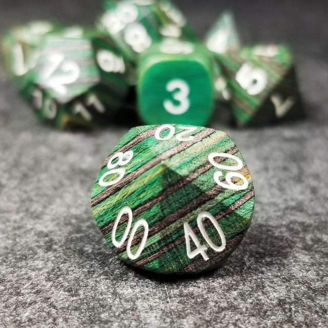 Sage’s Trees - Green/Grey/Black Technical Wood White Ink Polyhedral Dice Set - Sage's PortalWood Dice Set