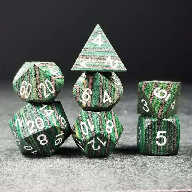 Sage’s Trees - Green/Grey/Black Technical Wood White Ink Polyhedral Dice Set - Sage's PortalWood Dice Set