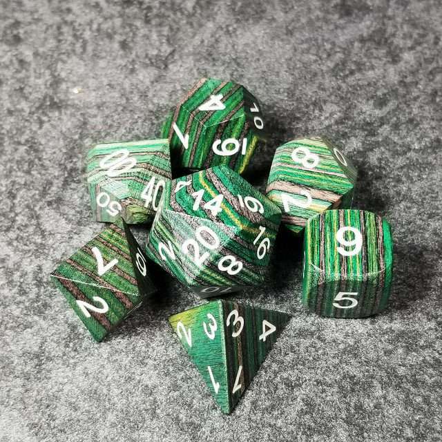 Sage’s Trees - Green/Grey/Black Technical Wood White Ink Polyhedral Dice Set - Sage's PortalWood Dice Set