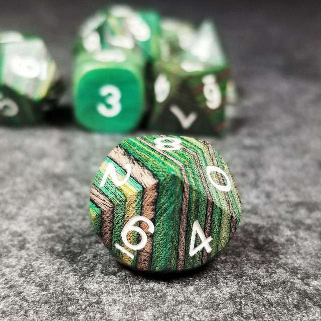 Sage’s Trees - Green/Grey/Black Technical Wood White Ink Polyhedral Dice Set - Sage's PortalWood Dice Set