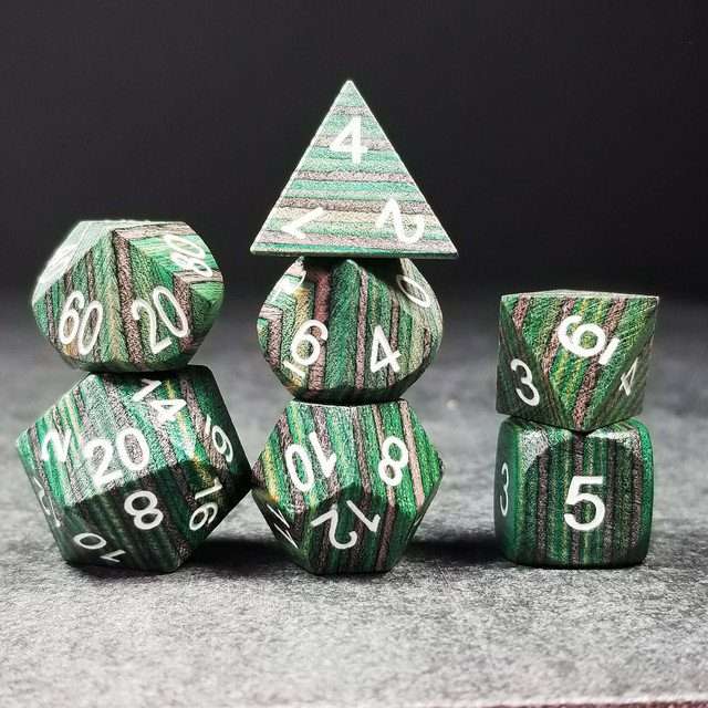 Sage’s Trees - Green/Grey/Black Technical Wood White Ink Polyhedral Dice Set - Sage's PortalWood Dice Set
