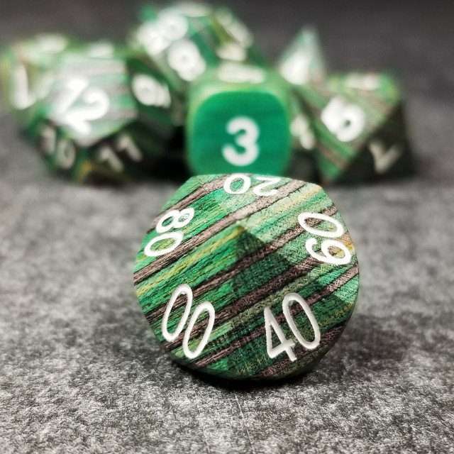 Sage’s Trees - Green/Grey/Black Technical Wood White Ink Polyhedral Dice Set - Sage's PortalWood Dice Set