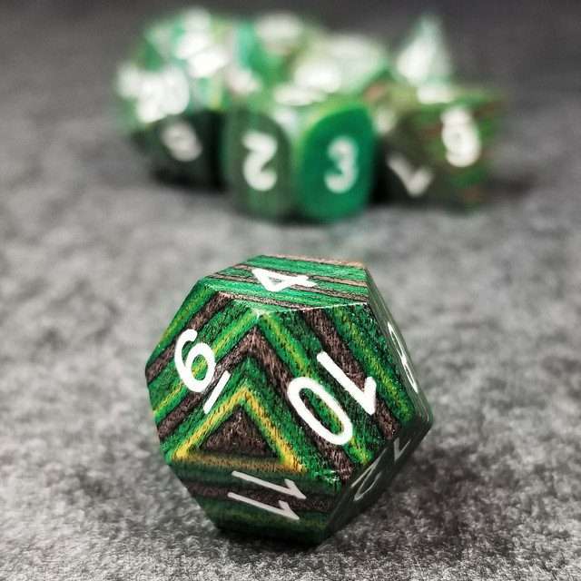 Sage’s Trees - Green/Grey/Black Technical Wood White Ink Polyhedral Dice Set - Sage's PortalWood Dice Set