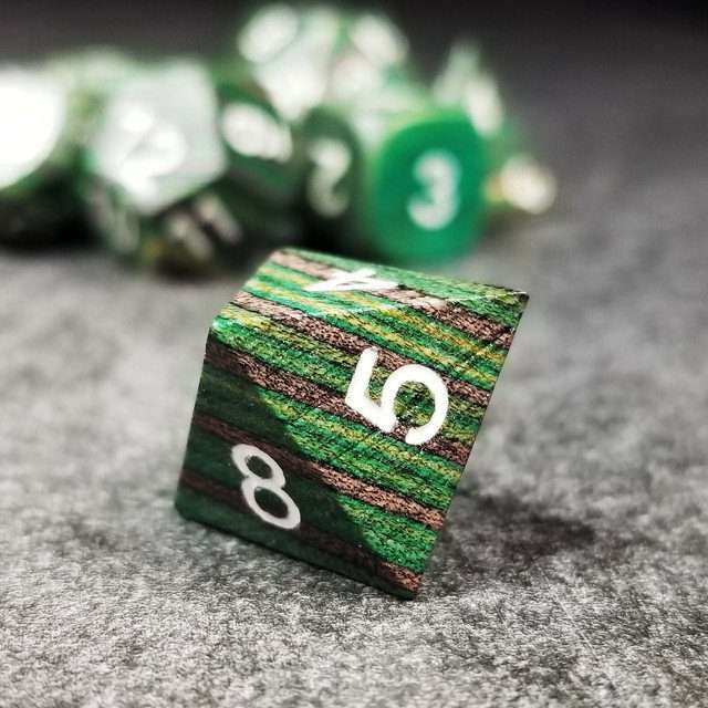 Sage’s Trees - Green/Grey/Black Technical Wood White Ink Polyhedral Dice Set - Sage's PortalWood Dice Set