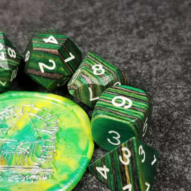 Sage’s Trees - Green/Grey/Black Technical Wood White Ink Polyhedral Dice Set - Sage's PortalWood Dice Set