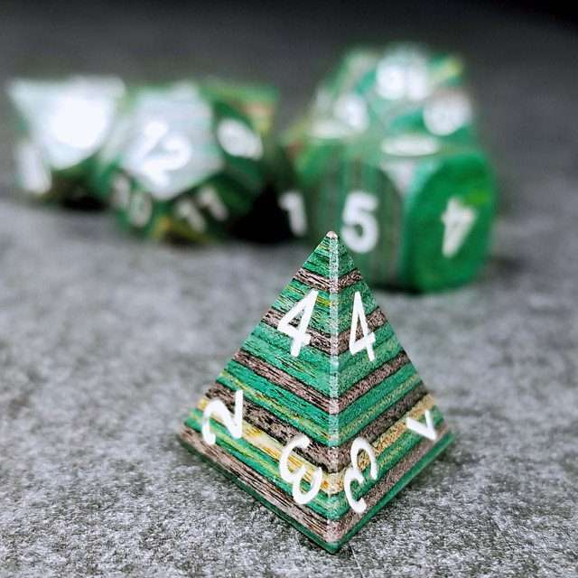 Sage’s Trees - Green/Grey/Black Technical Wood White Ink Polyhedral Dice Set - Sage's PortalWood Dice Set