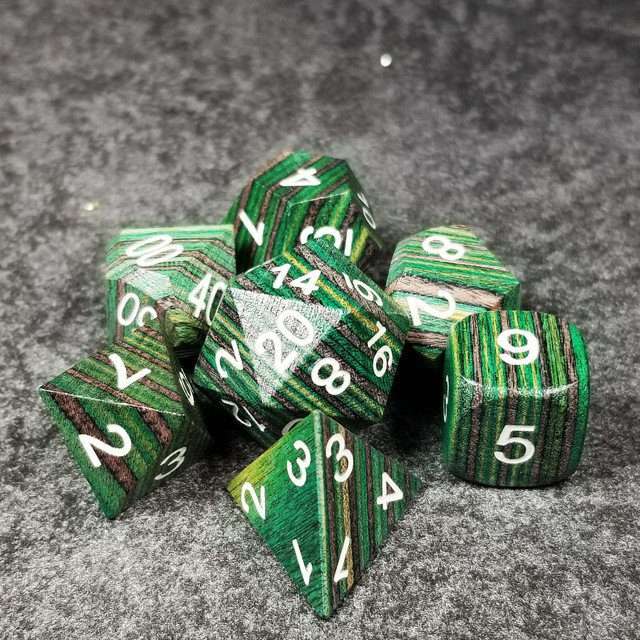 Sage’s Trees - Green/Grey/Black Technical Wood White Ink Polyhedral Dice Set - Sage's PortalWood Dice Set