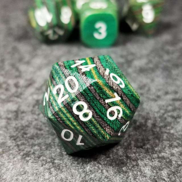 Sage’s Trees - Green/Grey/Black Technical Wood White Ink Polyhedral Dice Set - Sage's PortalWood Dice Set