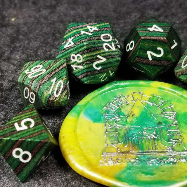 Sage’s Trees - Green/Grey/Black Technical Wood White Ink Polyhedral Dice Set - Sage's PortalWood Dice Set