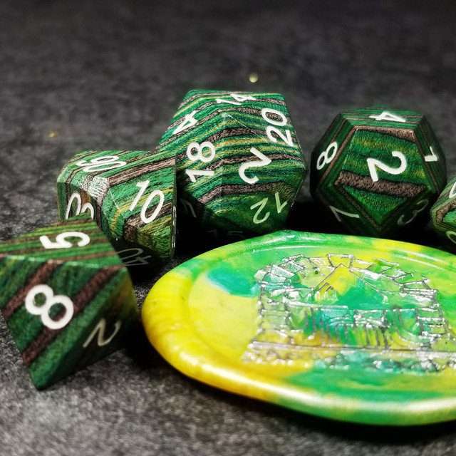 Sage’s Trees - Green/Grey/Black Technical Wood White Ink Polyhedral Dice Set - Sage's PortalWood Dice Set